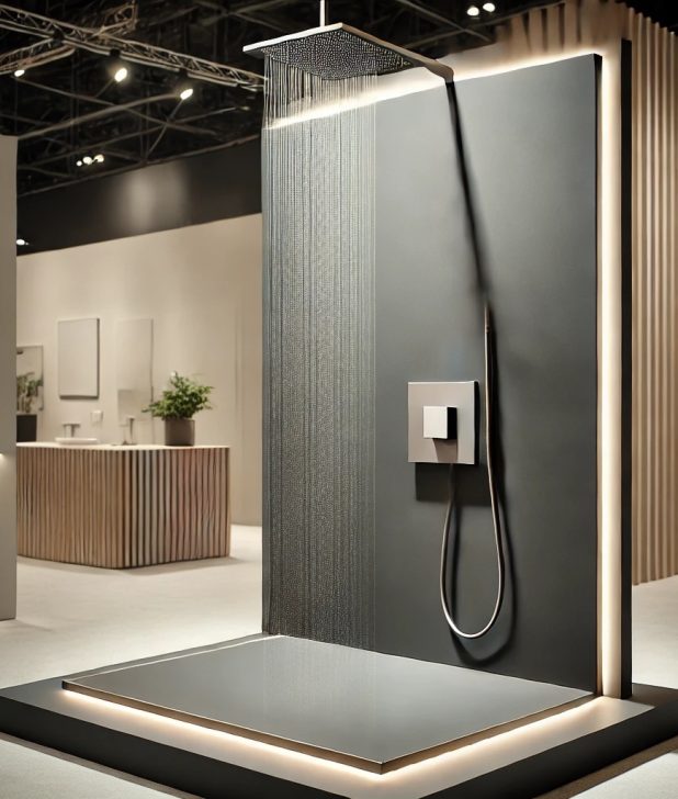 DALL·E 2024-10-01 14.10.03 - A minimalistic shower display at a trade exhibition, featuring a sleek, modern design. The shower has clean lines with a large, square rain showerhead